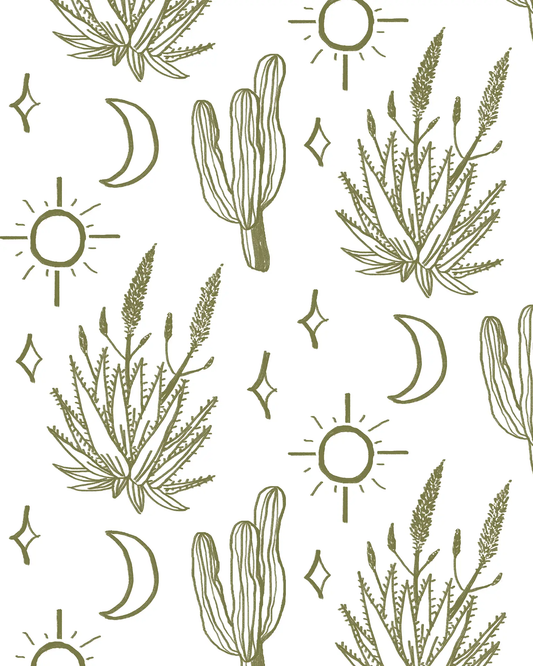 Desert Sky Wallpaper large pattern with olive cacti and suns on white background on Tampa Home & Garden Store