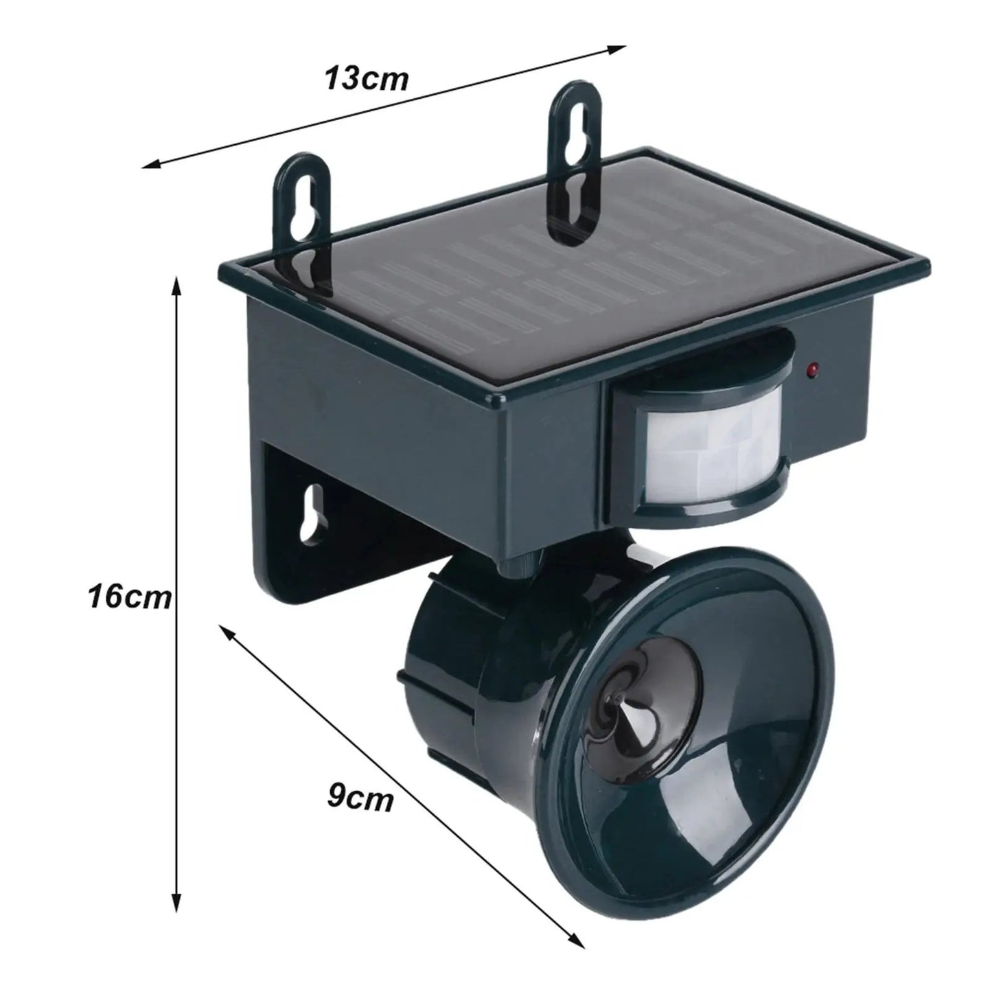Solar powered bird repeller Moktan Sabai with motion sensor, dark green unit with top solar panel on Tampa Home & Garden Store