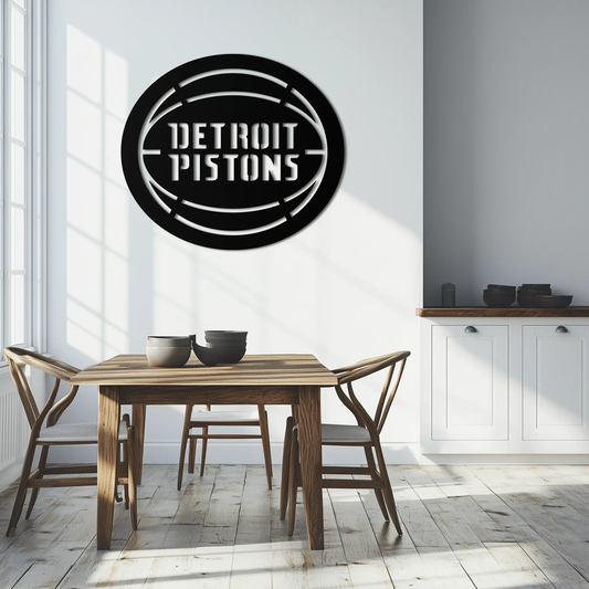 Detroit Pistons metal wall art bold circular logo design in black finish on Tampa Home & Garden Store