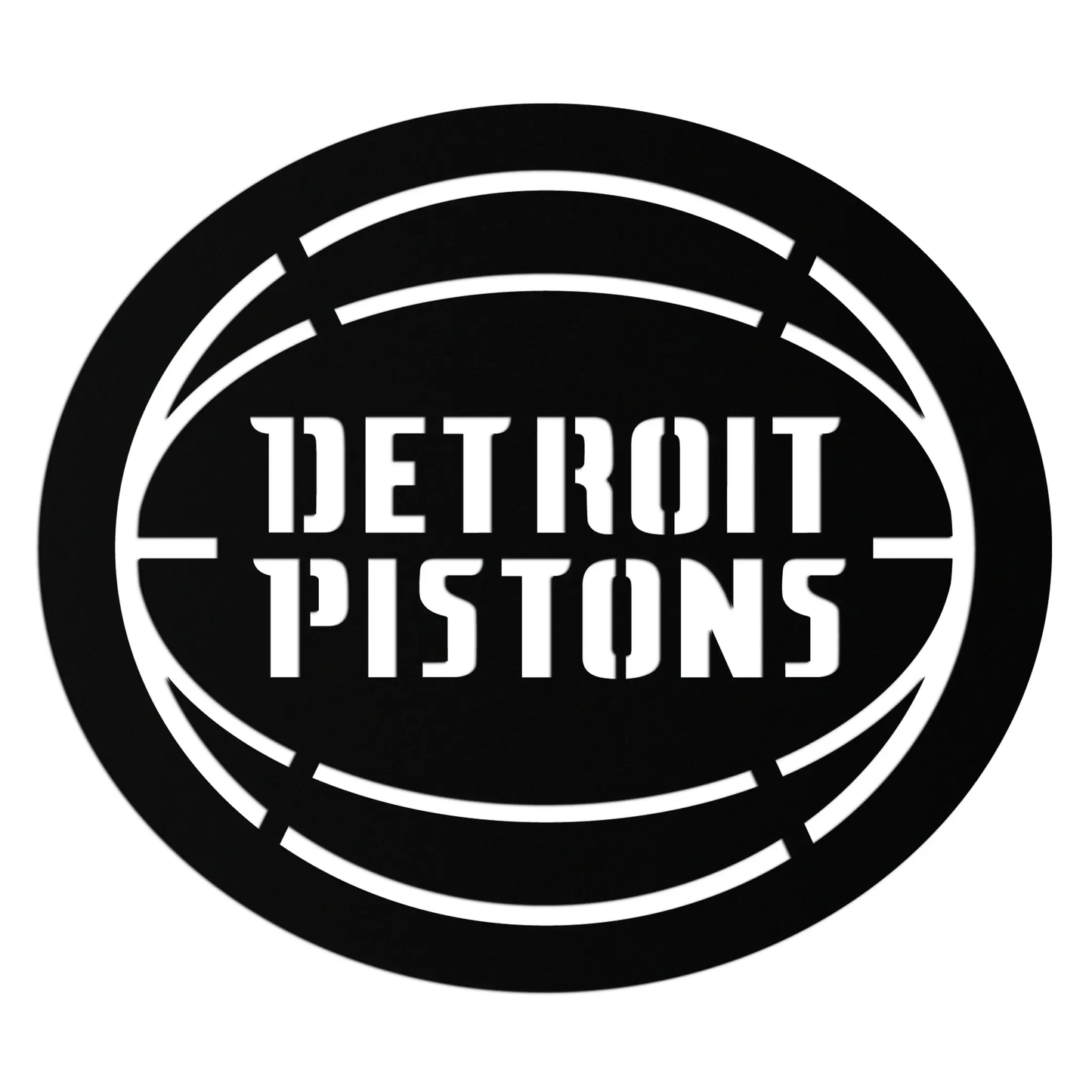 Detroit Pistons metal wall art round badge with bold white lettering on black background on Tampa Home & Garden Store