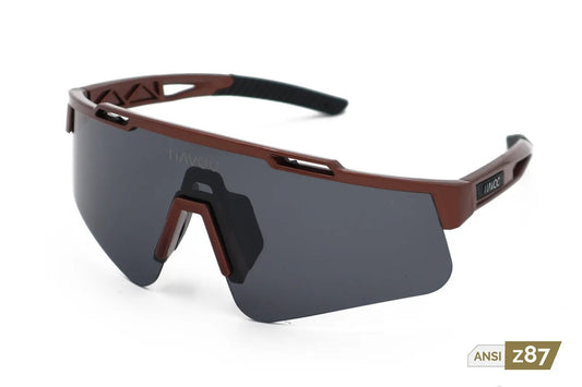 Diablo Sunglasses Havoc with ANSI Z87.1+ rating, brown frame, dark gray shield lens on Tampa Home & Garden Store