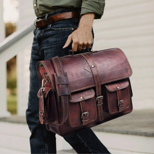 Retro Vintage Leather Messenger Bag brown leather with front pockets and hardware on Tampa Home & Garden Store