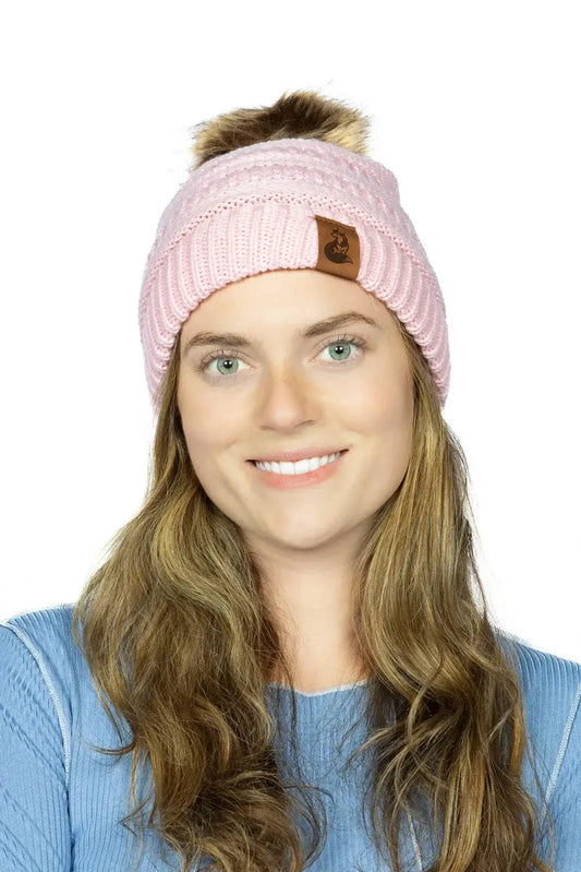 Dianthus pink ribbed beanie with faux fur pom and Aria the Fox logo patch on Tampa Home & Garden Store