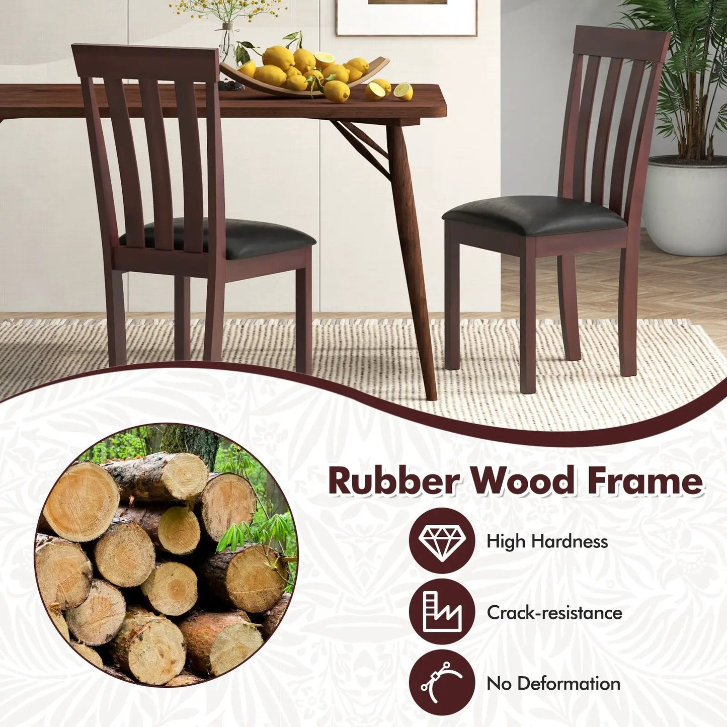 Dining chair set of 2, upholstered black seats, slatted backs, espresso rubber wood frames on Tampa Home & Garden Store