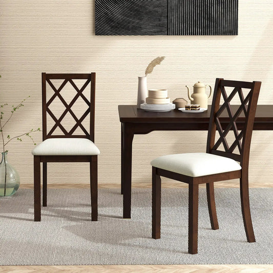 Dining chair set of 2 brown wood chairs with lattice back and cushioned white seats on Tampa Home & Garden Store
