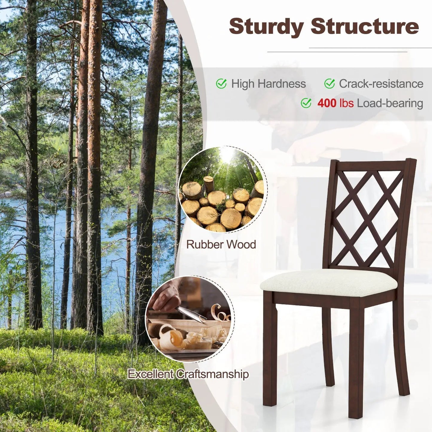 Dining chair set of 2 brown wood kitchen chairs with beige upholstered seats and X-back on Tampa Home & Garden Store