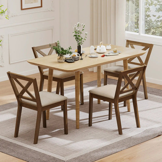 Dining chairs set of 4 wooden with beige upholstered seats and X-back design on Tampa Home & Garden Store