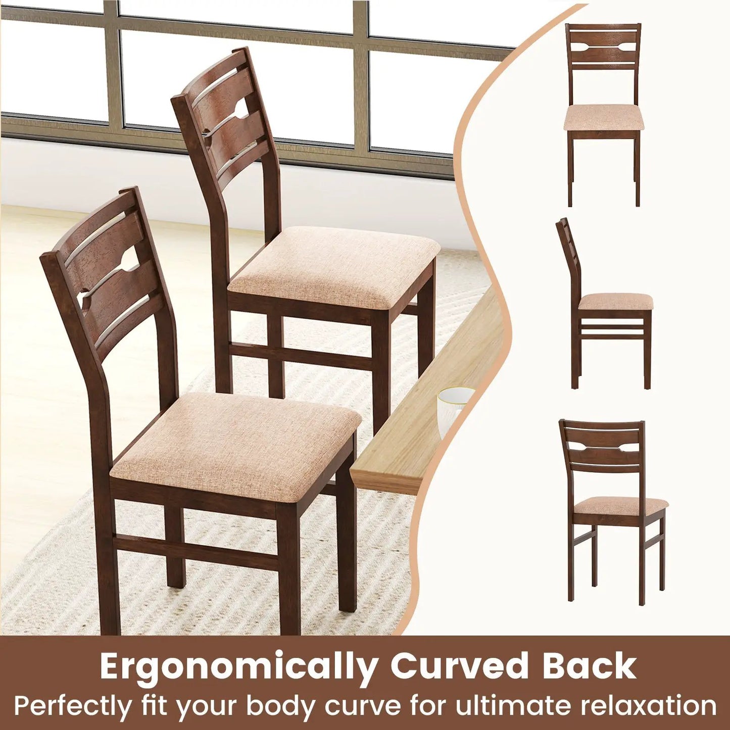 Dining Chair Set with Rubber Wood Frame — 4 chairs, dark brown finish, beige upholstered seats on Tampa Home & Garden Store