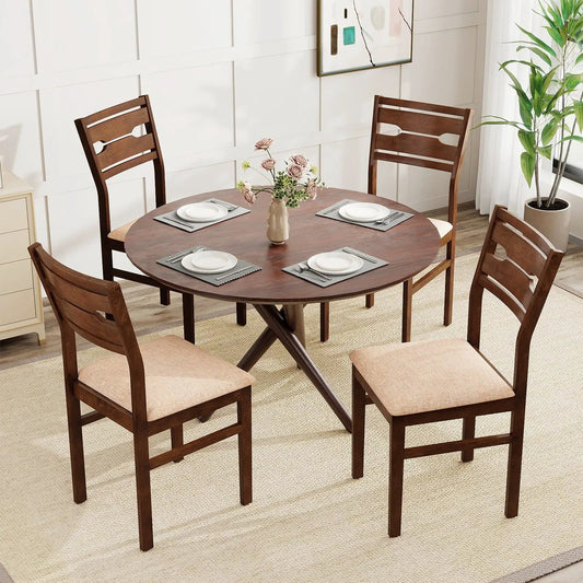 Dining chair set of 4 with rubber wood frames and padded beige seats around a round dining table on Tampa Home & Garden Store