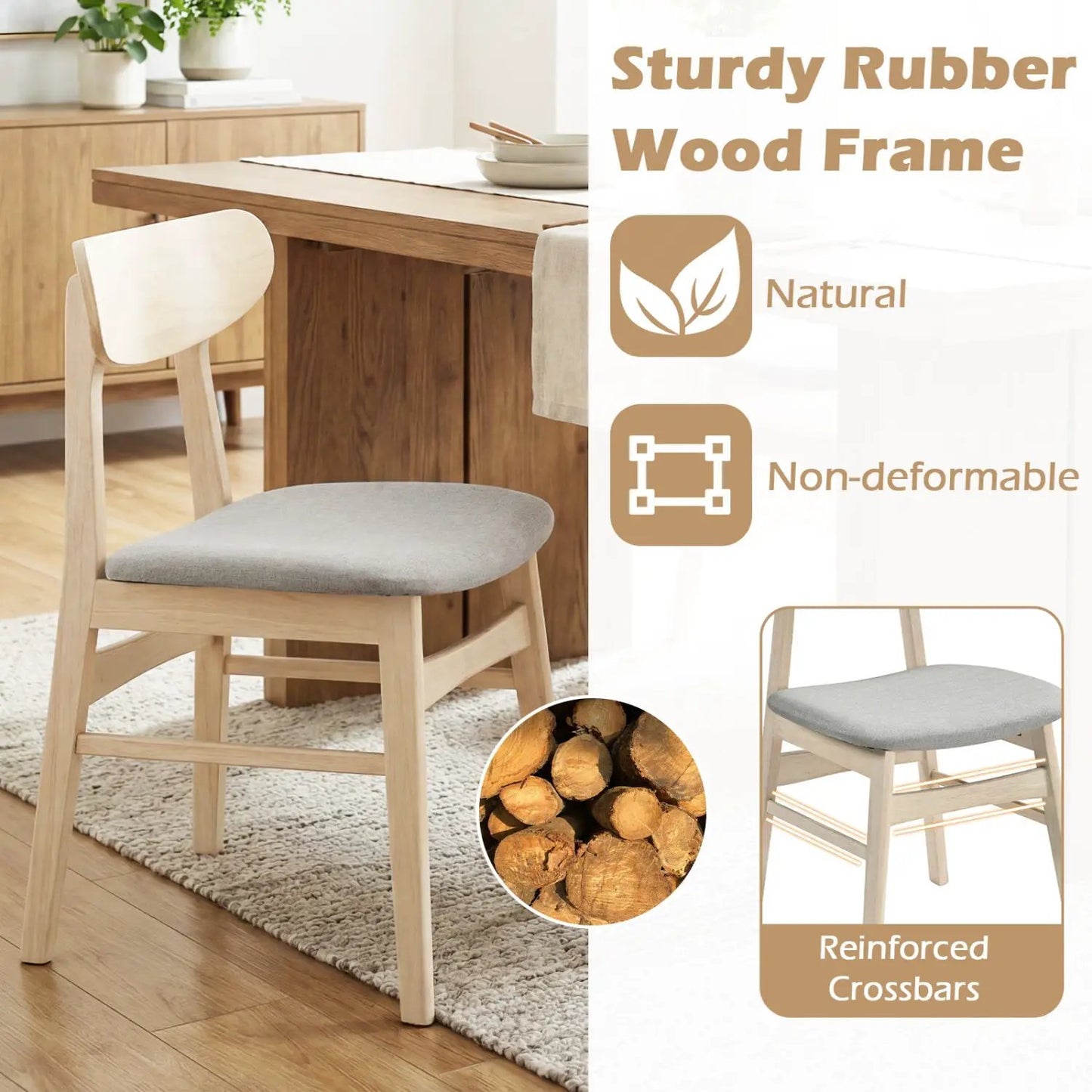 Dining chair set of 2 armless natural wood chairs with grey fabric seats DirectDeals on Tampa Home & Garden Store