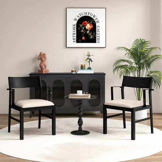 Dining Chair Set of 2 with Contoured Back, black wood frame, beige upholstered seats on Tampa Home & Garden Store
