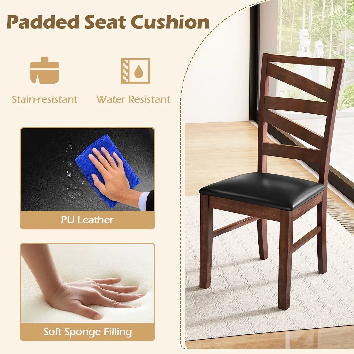 Dining chairs set of 2 with walnut wood legs and black PU leather padded seats on Tampa Home & Garden Store