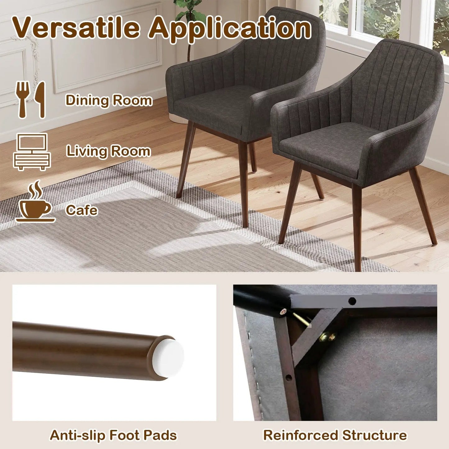 Dining Chairs Set of 2 upholstered in dark gray fabric with curved arms and wooden legs on Tampa Home & Garden Store