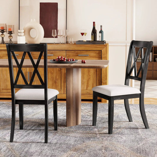 Dining chairs set of 2 with curved cross-back, black wooden frames and beige upholstered seats on Tampa Home & Garden Store
