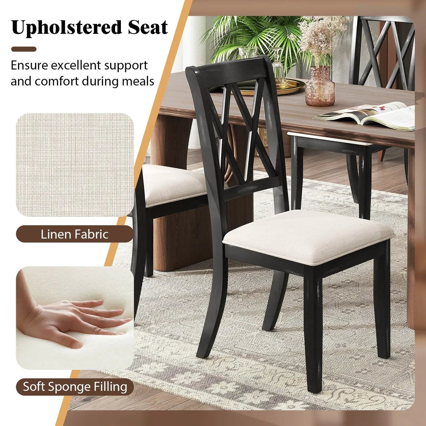 Dining chairs set of 2 with curved back beige linen fabric cushions, black frames DirectDeals on Tampa Home & Garden Store