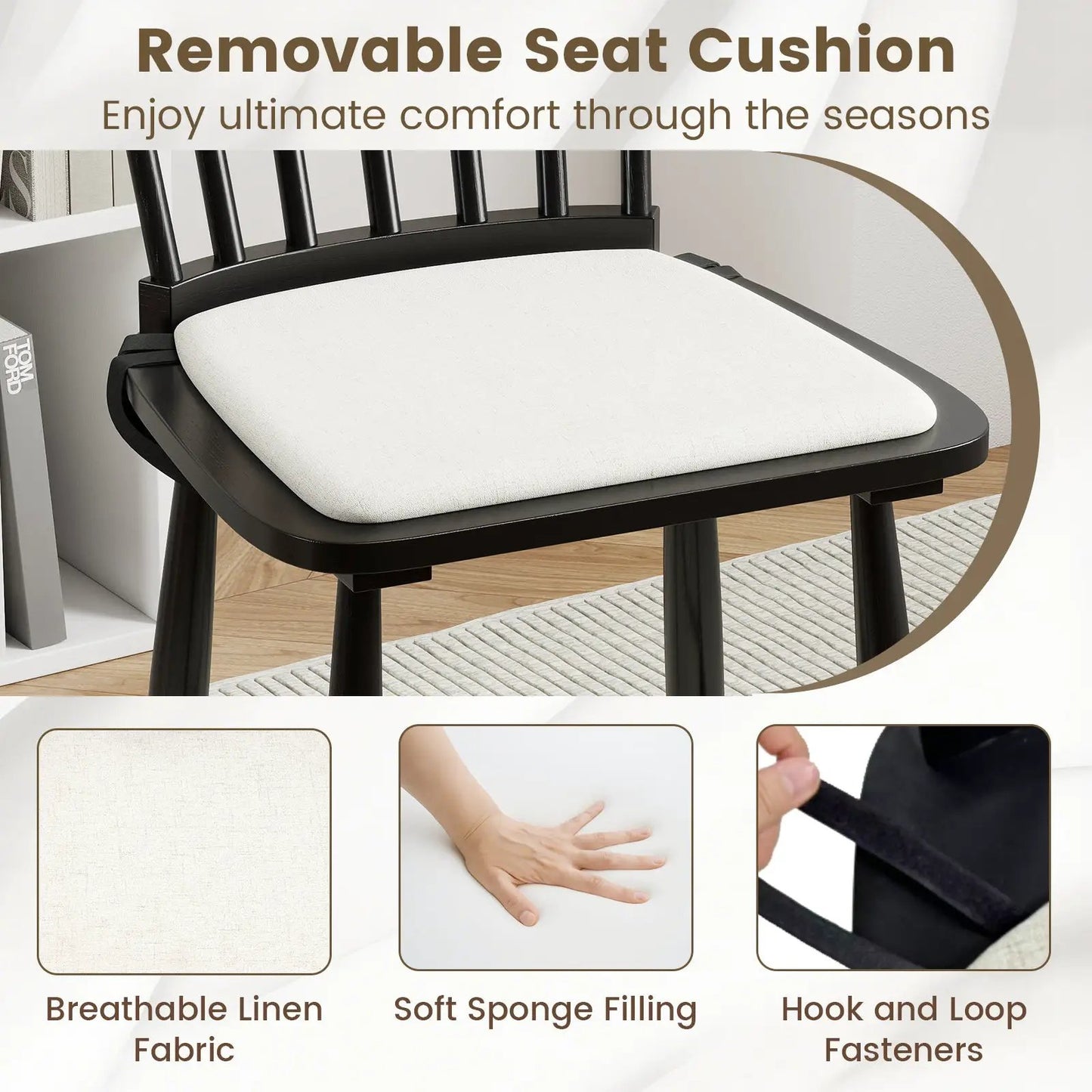 Farmhouse Windsor Dining Chairs Set of 2 Black with removable beige cushions on Tampa Home & Garden Store