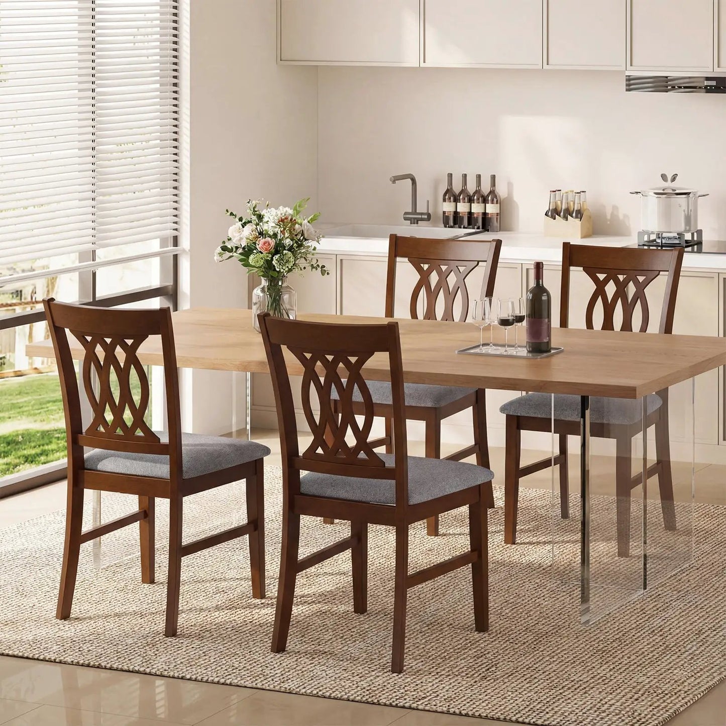 Dining chairs set of 2 in Walnut with padded gray seats for kitchen dining area on Tampa Home & Garden Store