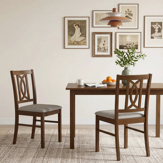 Dining chairs set of 2 in walnut rubber wood with gray upholstered seats and lattice back on Tampa Home & Garden Store