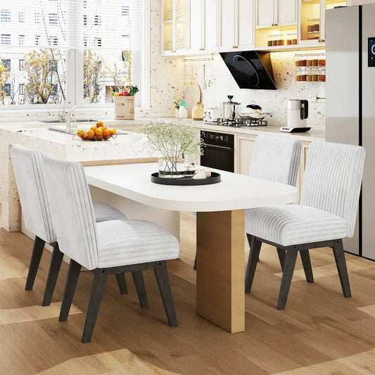 Dining chairs set of 4 with light gray fabric upholstery and padded seats on dark wood legs on Tampa Home & Garden Store
