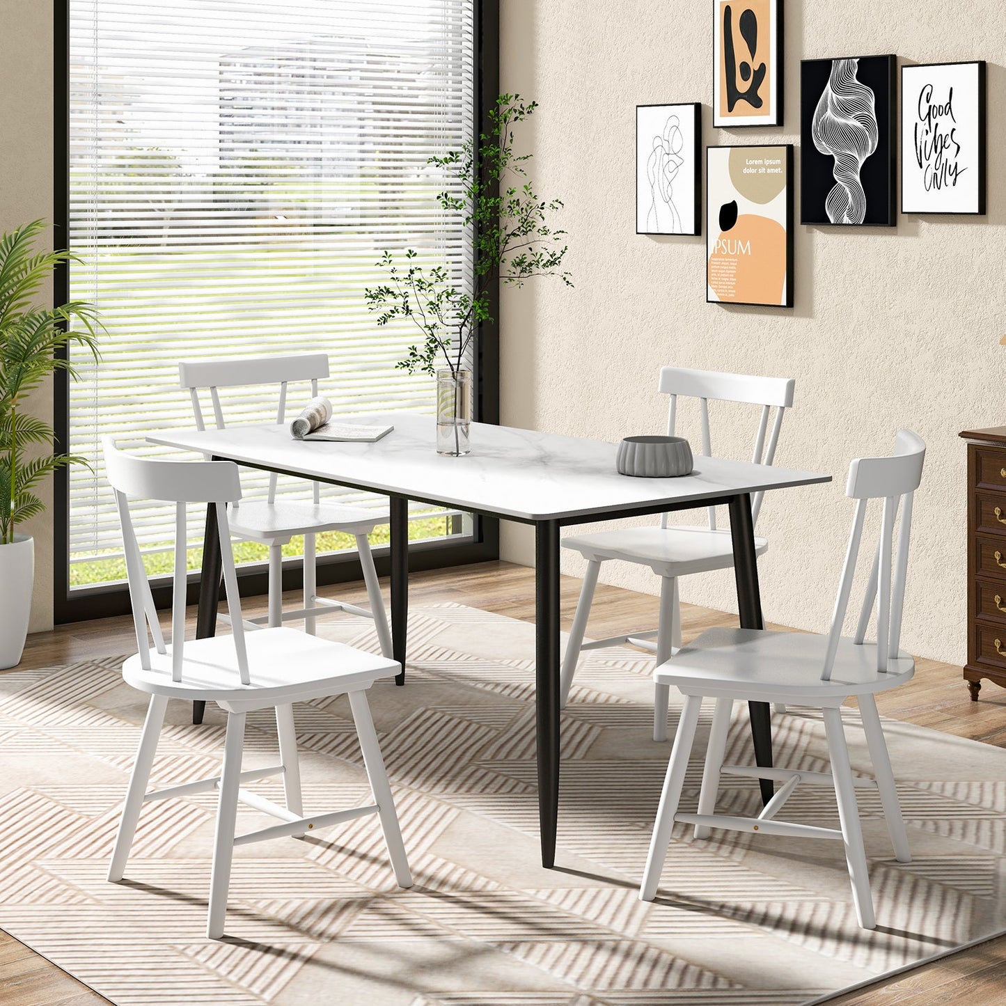 Windsor Style Armless Chairs with Solid Rubber Wood Frame-Natural