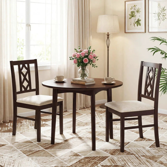 Dining chairs set of 2 in dark rubber wood with lattice backrests and beige cushions on Tampa Home & Garden Store