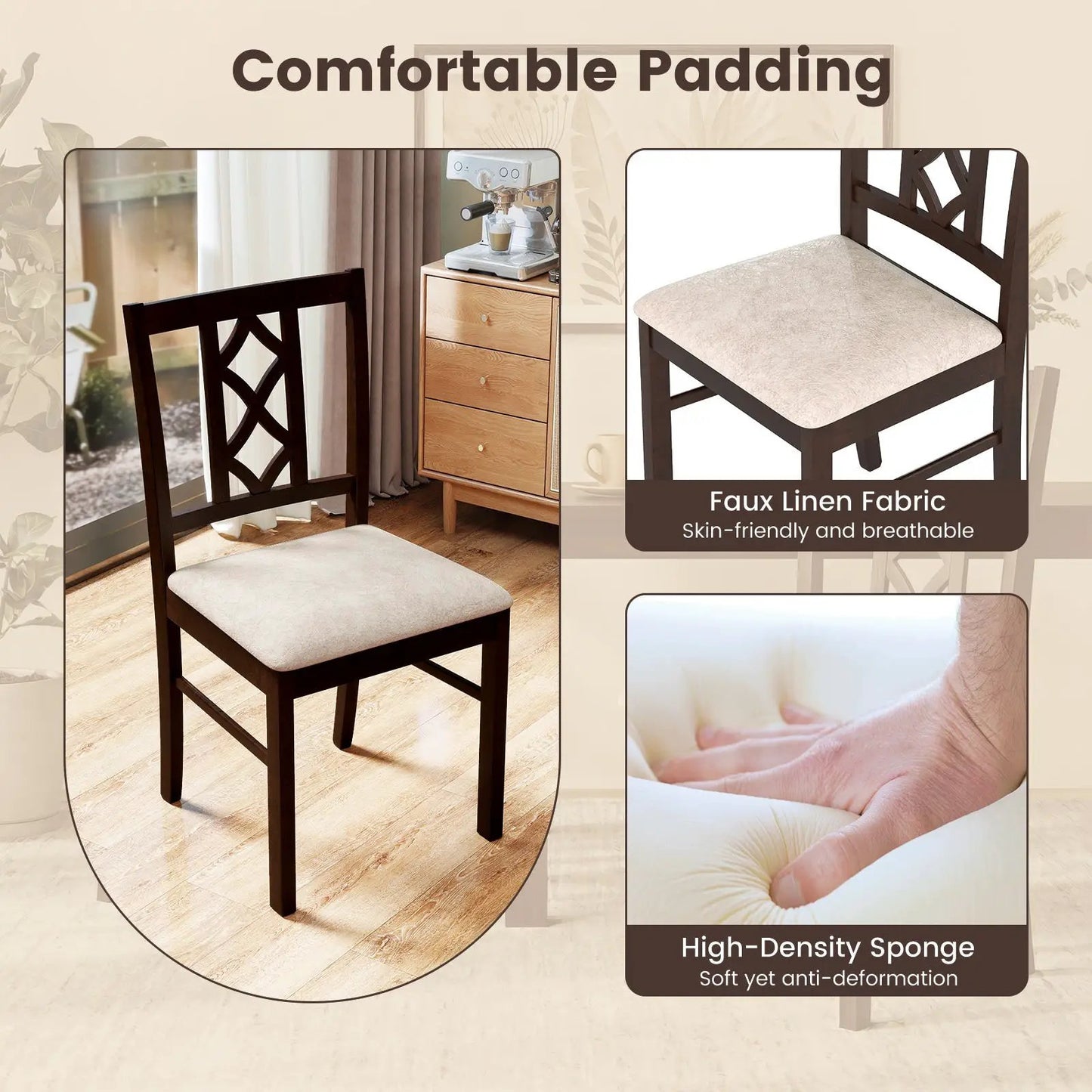 Dining chairs set of 2 with brown rubber wood backrests and beige cushioned seats on Tampa Home & Garden Store