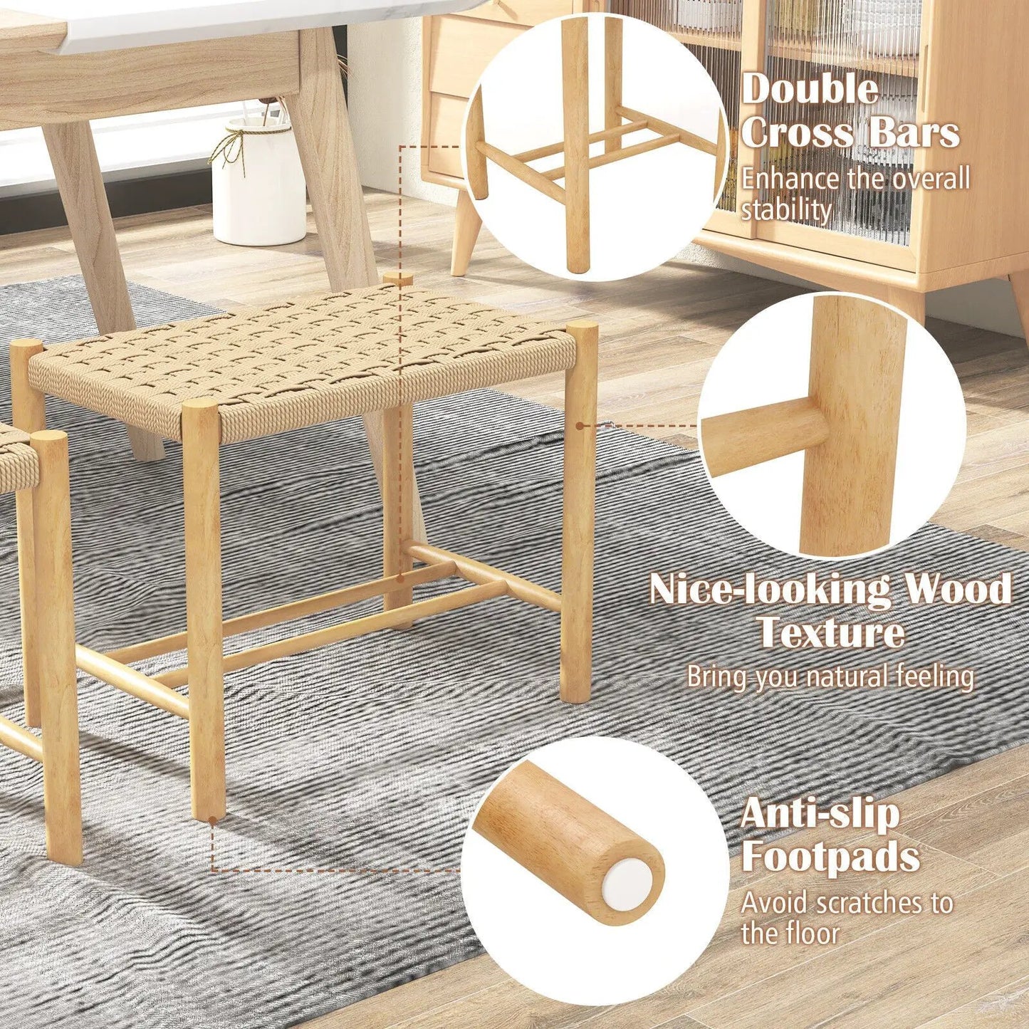 18 inch dining stools set of 2 natural wood with woven seat and anti-slip footpads on Tampa Home & Garden Store