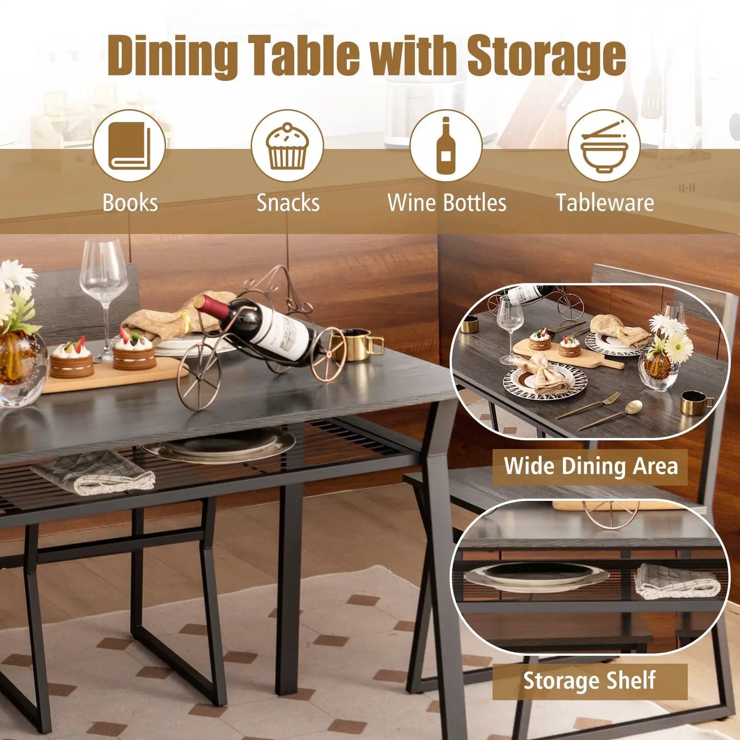 Dining Table Set with Rack and Metal Frame DirectDeals wood top and black metal frame on Tampa Home & Garden Store