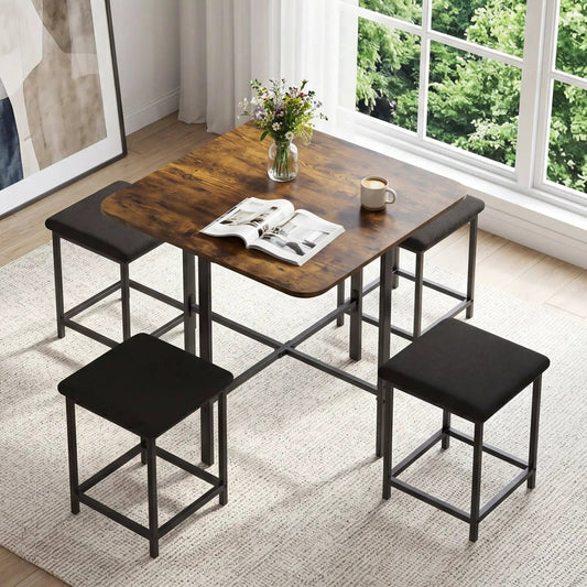 5-Piece Dining Table Set with 4 Upholstered Stools wood top dark finish with black metal frame on Tampa Home & Garden Store
