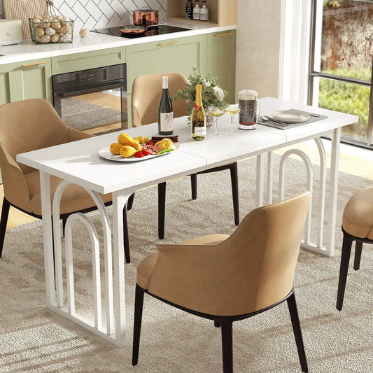 63-inch white farmhouse dining table for 6–8 with curved metal legs and beige chairs on Tampa Home & Garden Store