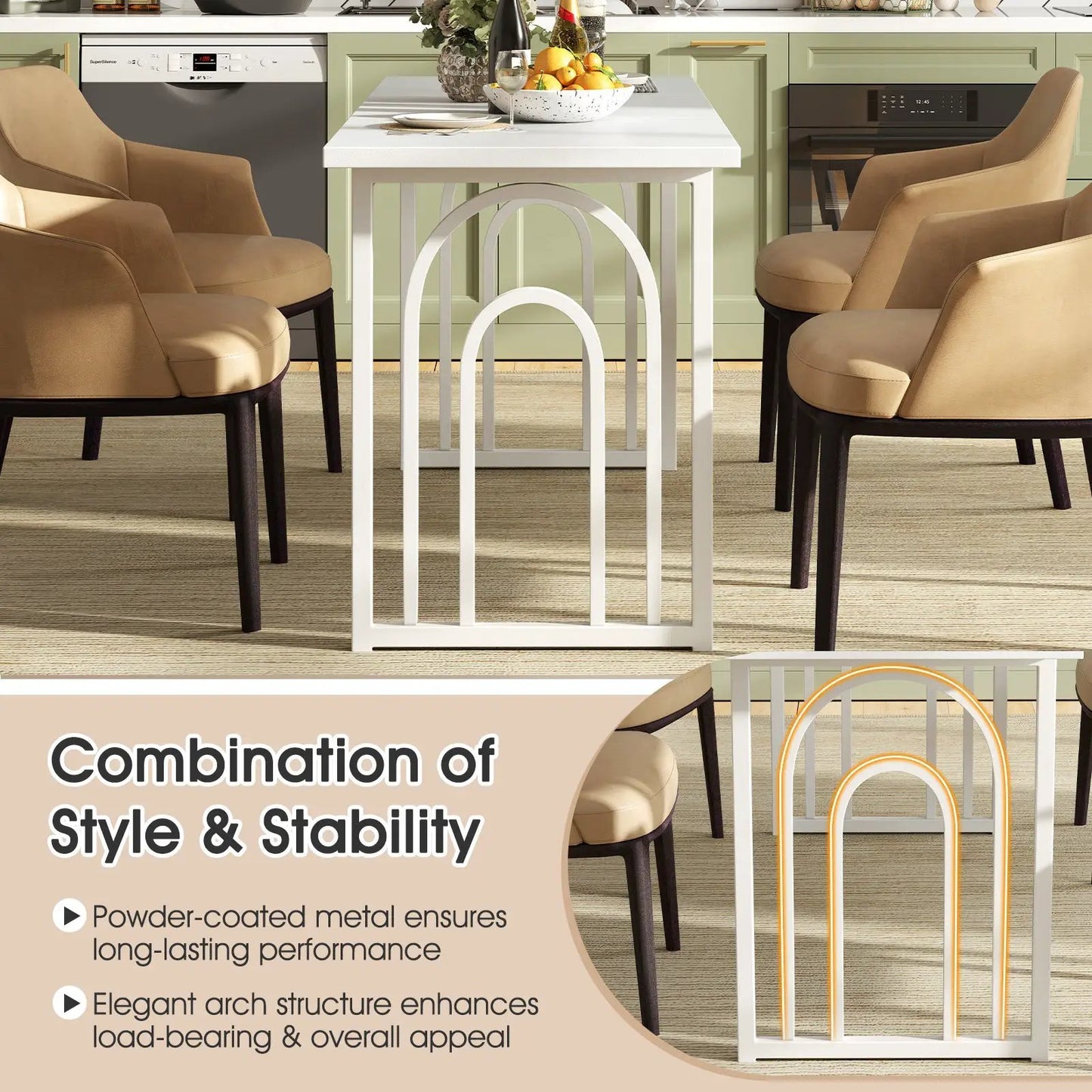 63-inch white farmhouse dining table with arch metal base for 6–8, beige chairs DirectDeals on Tampa Home & Garden Store