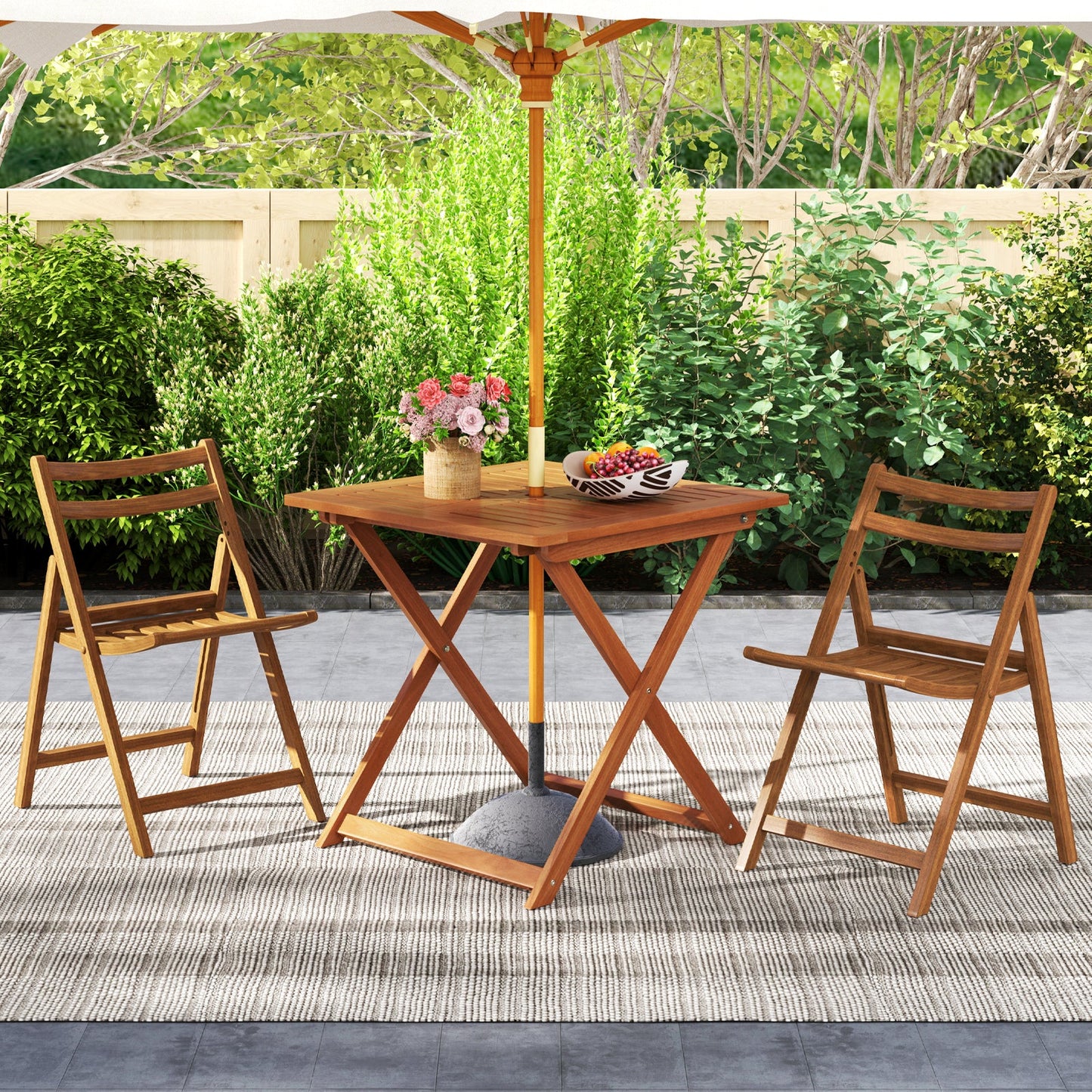 Mesa de comedor para patio de 29.5 x 29.5 pulgadas con pintura de teca y agujero para sombrilla