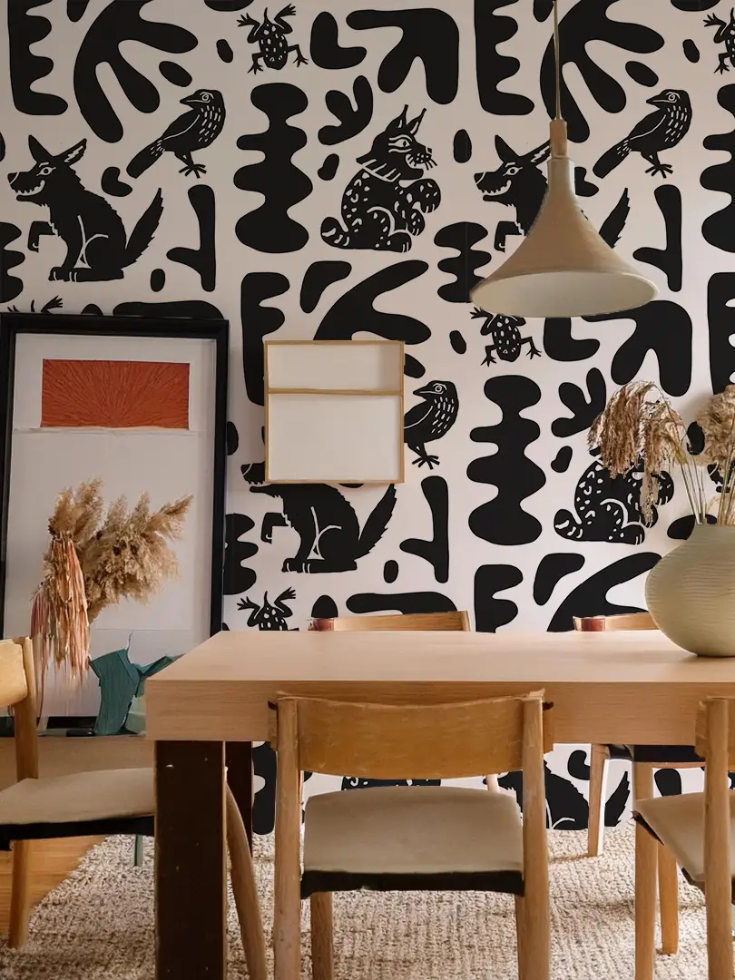 Abstract Animal Wallpaper Black and White on beige wall in a wooden dining room on Tampa Home & Garden Store