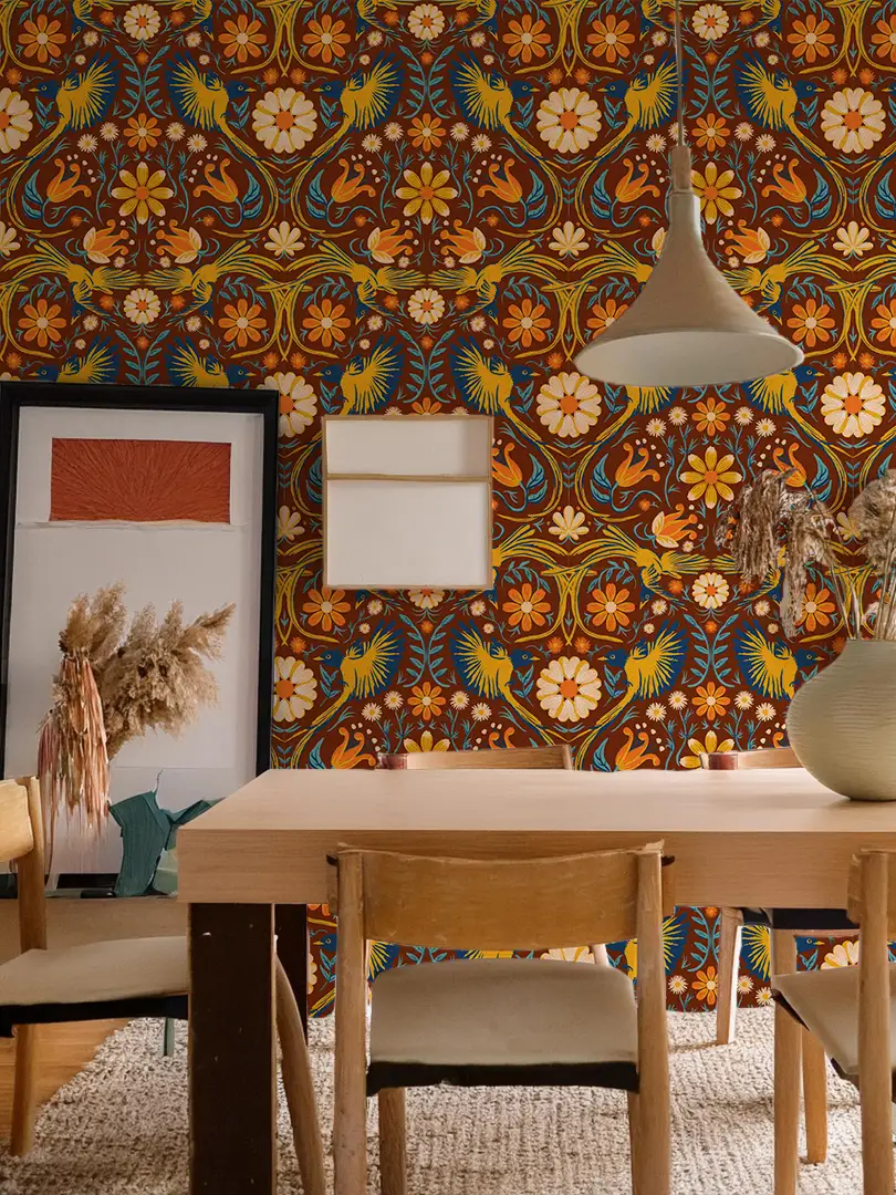 Wallpaper Folkie Birdie in Rust Merigold and Blue by Samantha Santana Creative on Tampa Home & Garden Store