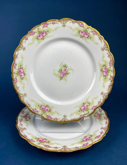 Antique Limoges Elite porcelain dinner plates set of 2 with pink rose garlands and gilded rim on Tampa Home & Garden Store