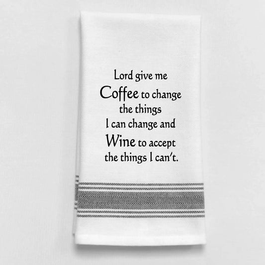 Dish towel white fabric with a coffee quote print, black text, paired with a gray towel on Tampa Home & Garden Store