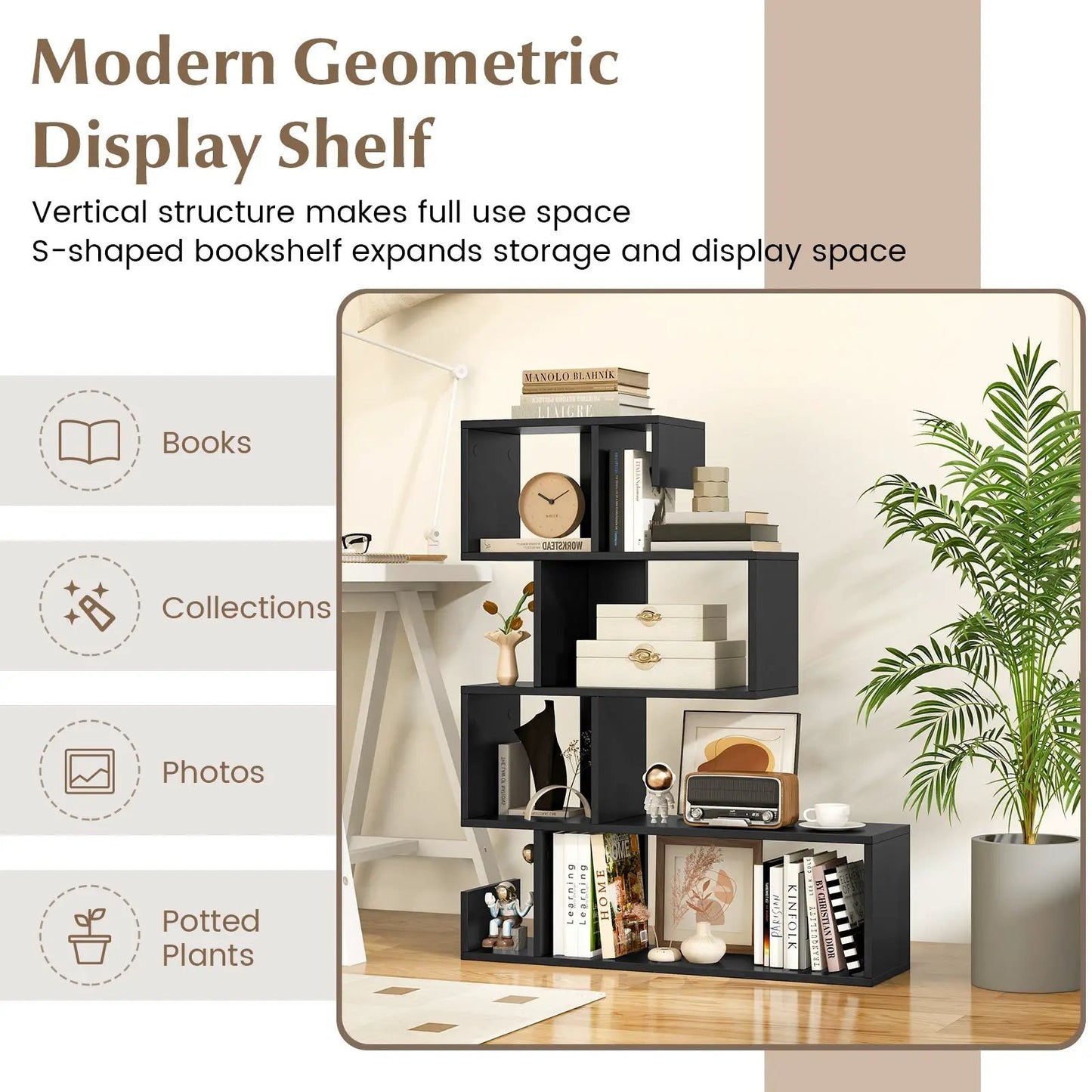 S-Shaped 5-Tier Bookcase with open cube shelves in black by DirectDeals on Tampa Home & Garden Store