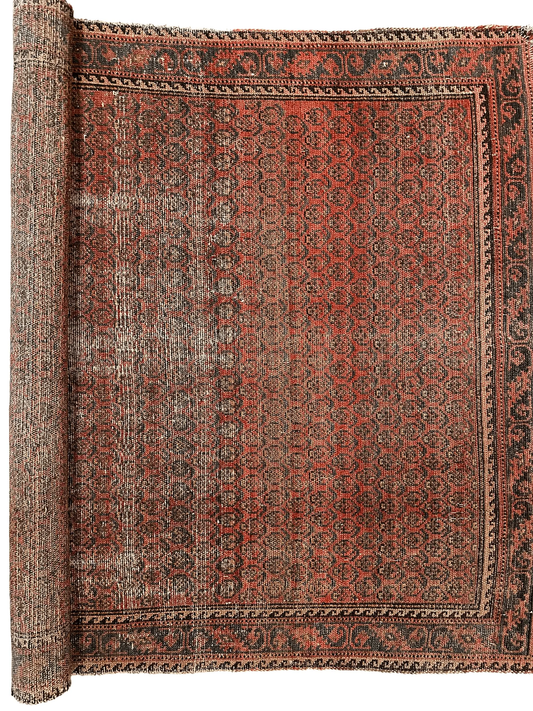 Distressed Persian Paisley antique rug 3 ft 8 in by 5 ft in red tones bordered Rugistan on Tampa Home & Garden Store