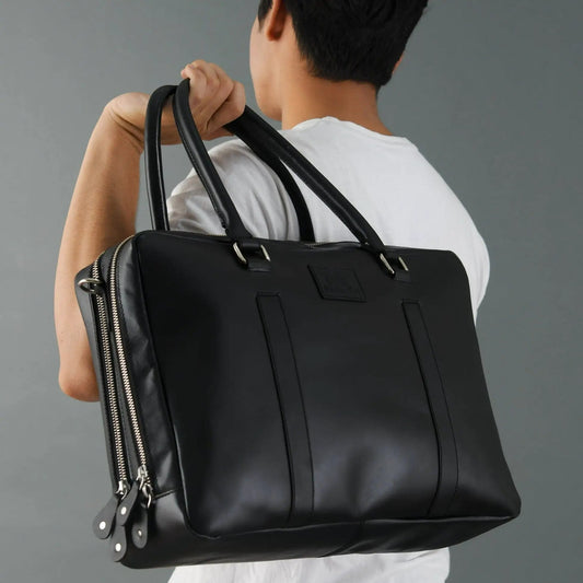 Dixon Black Buffalo Leather Laptop Briefcase with dual top handles in smooth black on Tampa Home & Garden Store