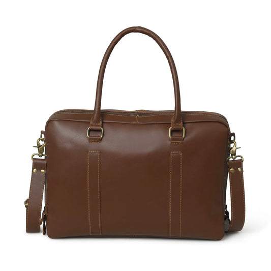 Dixon Brown Buffalo Leather Laptop Briefcase with sturdy leather top handles and brass hardware on Tampa Home & Garden Store