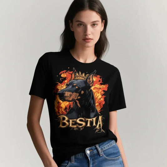 Dobermann Spirit T-shirt, black with fiery crown dog graphic by Bestia Dog Gear on Tampa Home & Garden Store