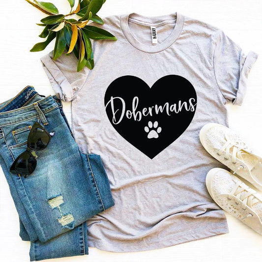 Doberman dog T-shirt in gray with black heart print and paw graphic on Tampa Home & Garden Store