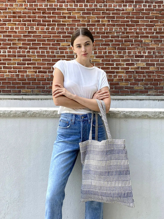 Dobi Daily Bag blue handwoven tote by Korissa with navy and white striped pattern on Tampa Home & Garden Store