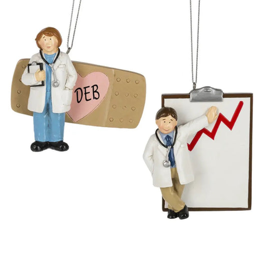 Healthcare Hero Doctor Ornament set with two doctors in white coats, chart and clipboard on Tampa Home & Garden Store