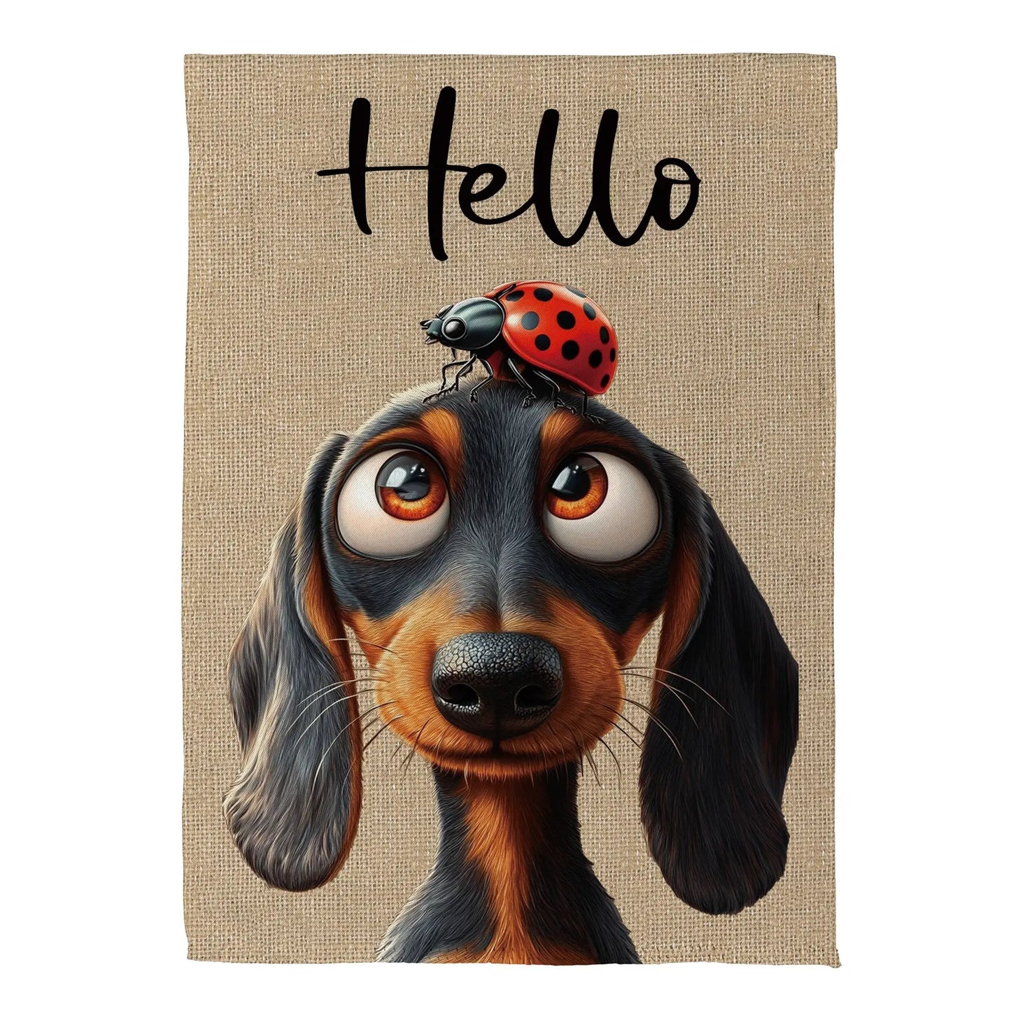 Dog and Ladybug Suede Colorful Garden Flag featuring a cute dog with a red ladybug on its head on Tampa Home & Garden Store