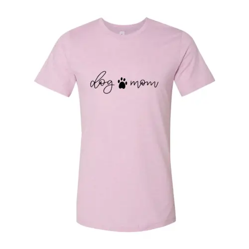 Dog Mom T-shirt in pastel pink with a paw print and dog mom script graphic on chest on Tampa Home & Garden Store