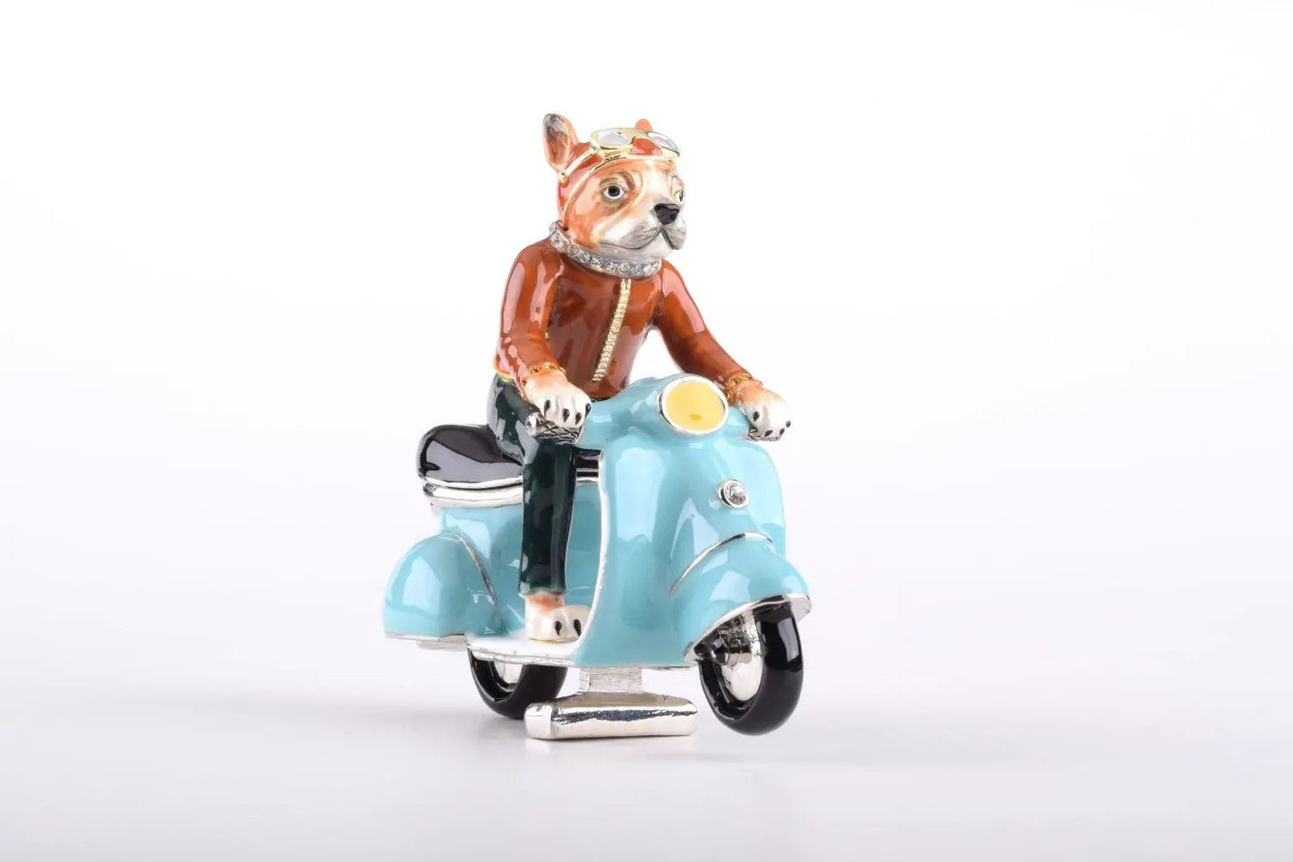 Dog on Vespa enamel trinket box turquoise scooter with crystals and orange jacket on Tampa Home & Garden Store