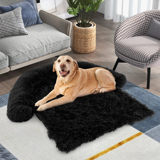 Plush Calming Dog Couch Bed with black fluffy surface and anti-slip bottom on Tampa Home & Garden Store