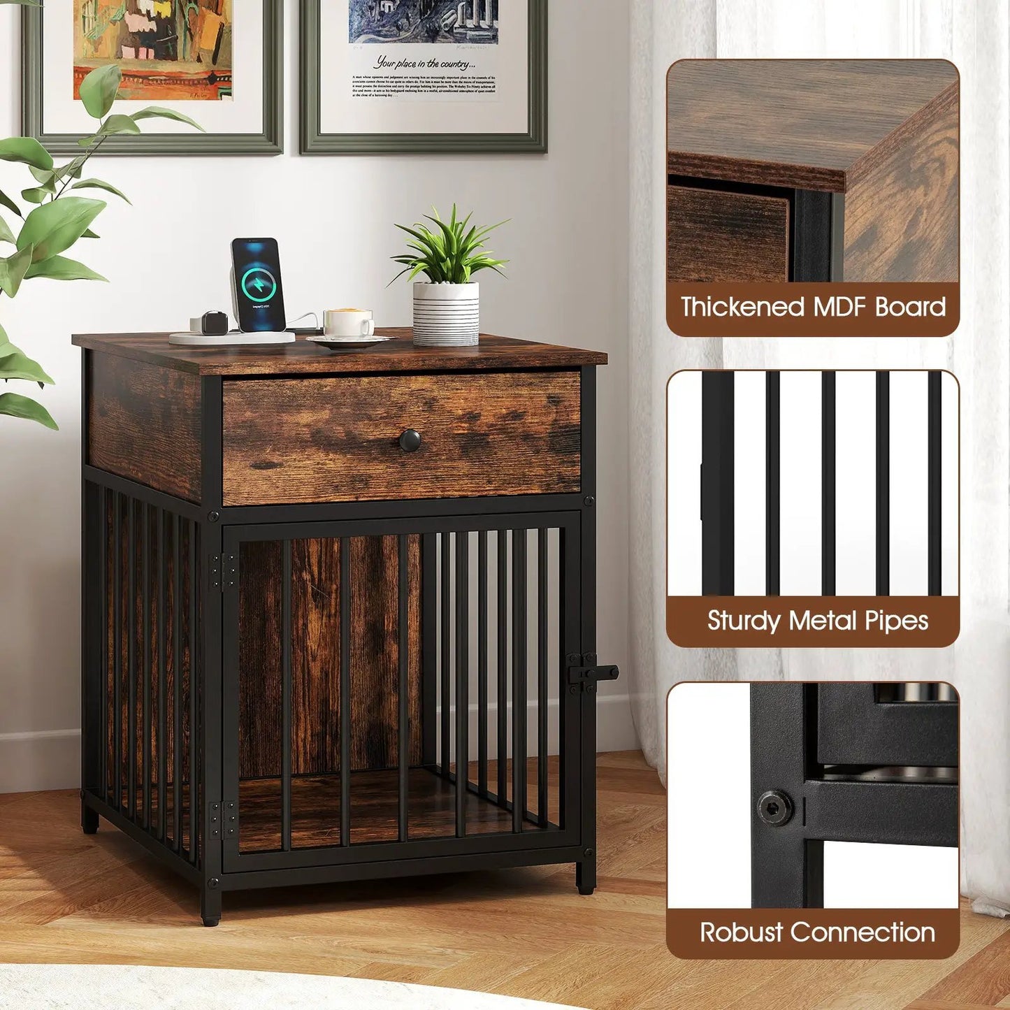 Small Dogs Crate Table with Charging Station in rustic brown wood and black metal frame on Tampa Home & Garden Store