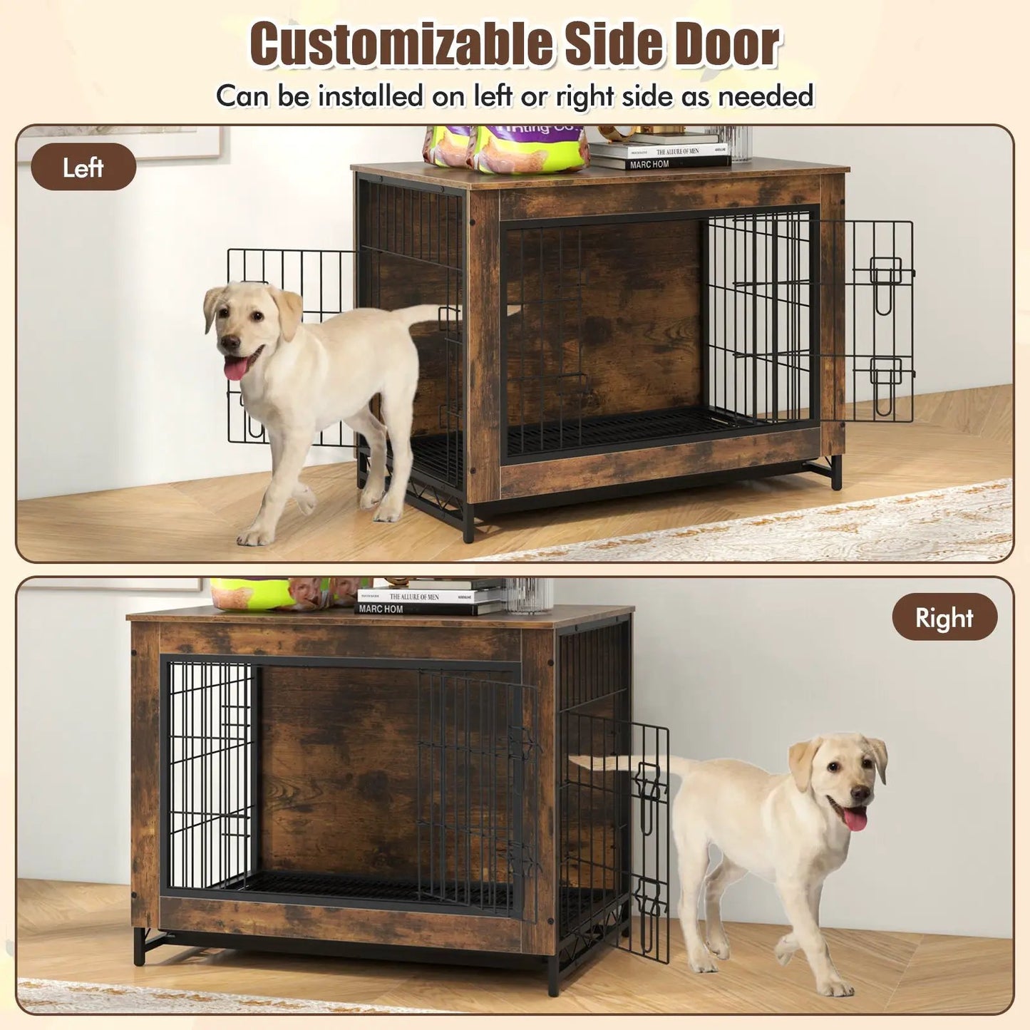Wooden dog crate furniture with black metal wire doors and lockable double doors pull-out tray on Tampa Home & Garden Store